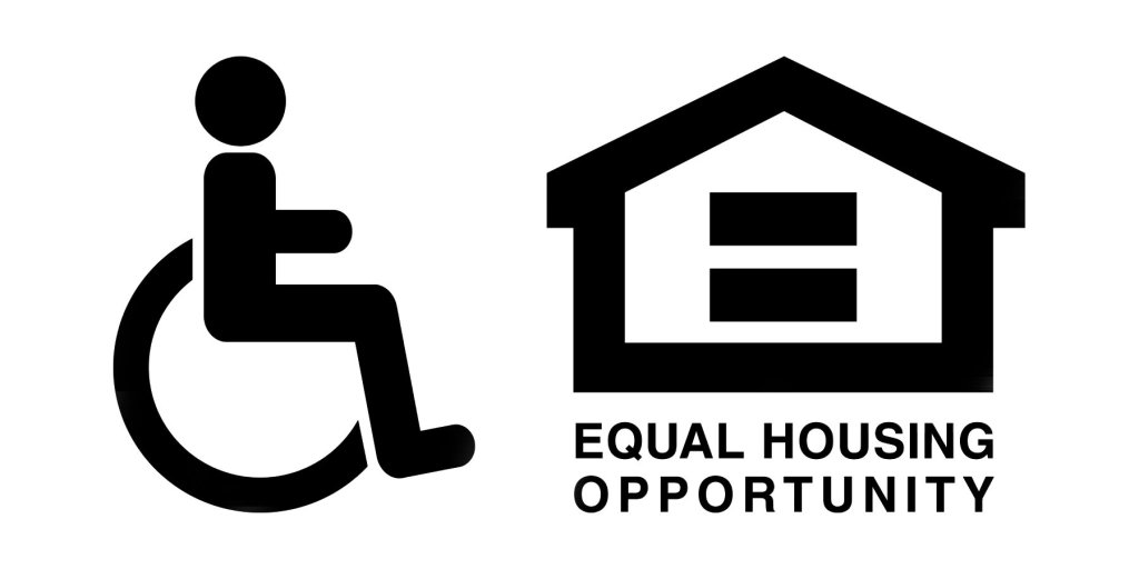 Symbol of accessibility featuring a person in a wheelchair next to an equal housing opportunity logo.