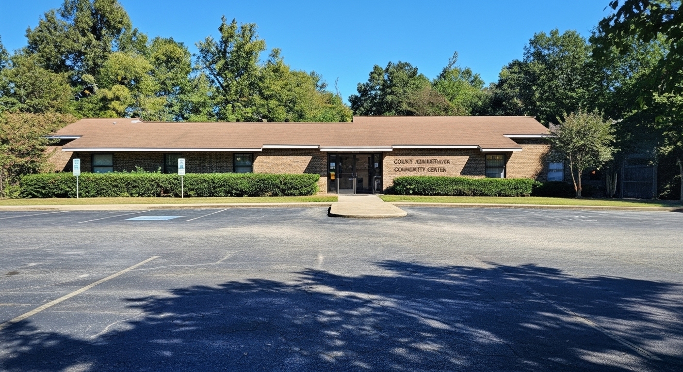 Exterior view of the County Administration Community Center with a parking lot and greenery surrounding the building.